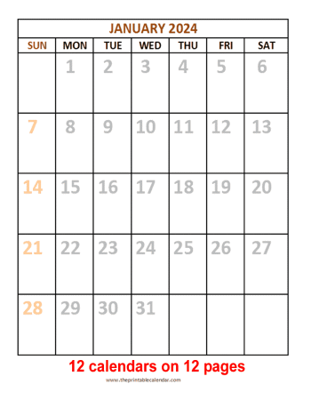 12 monthly calendar 2024(12 pages) from theprintablecalendar.com