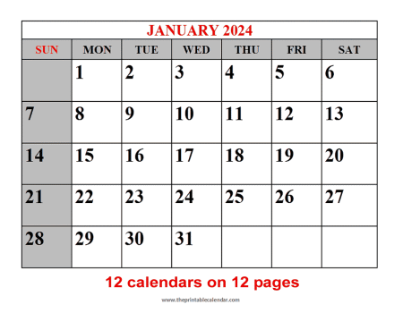 2024 calendar printables(12 pages) from theprintablecalendar.com