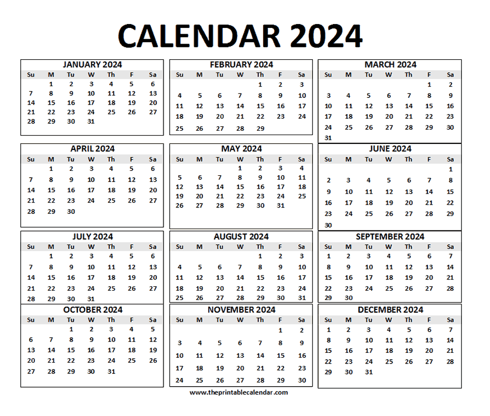 2024 Calendar printable 12 months calendar on one page