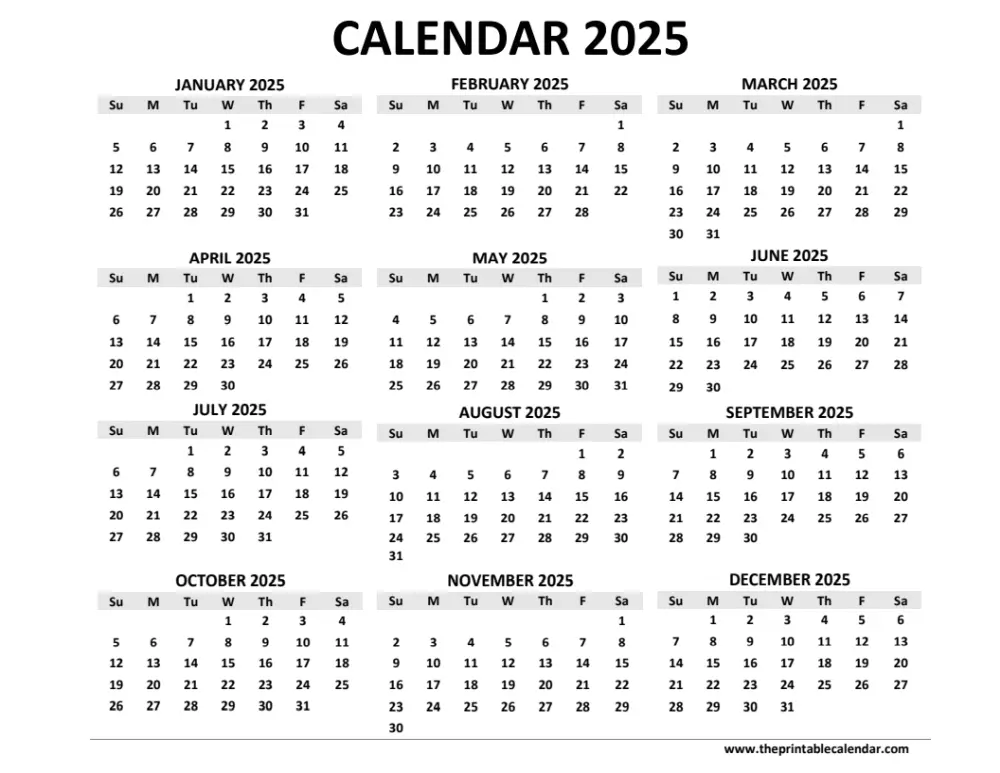 2025 calendar printable